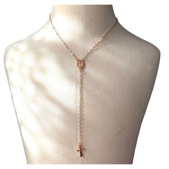 (J1)Rose Gold Toned Rosary Necklace - Picture 2 of 5